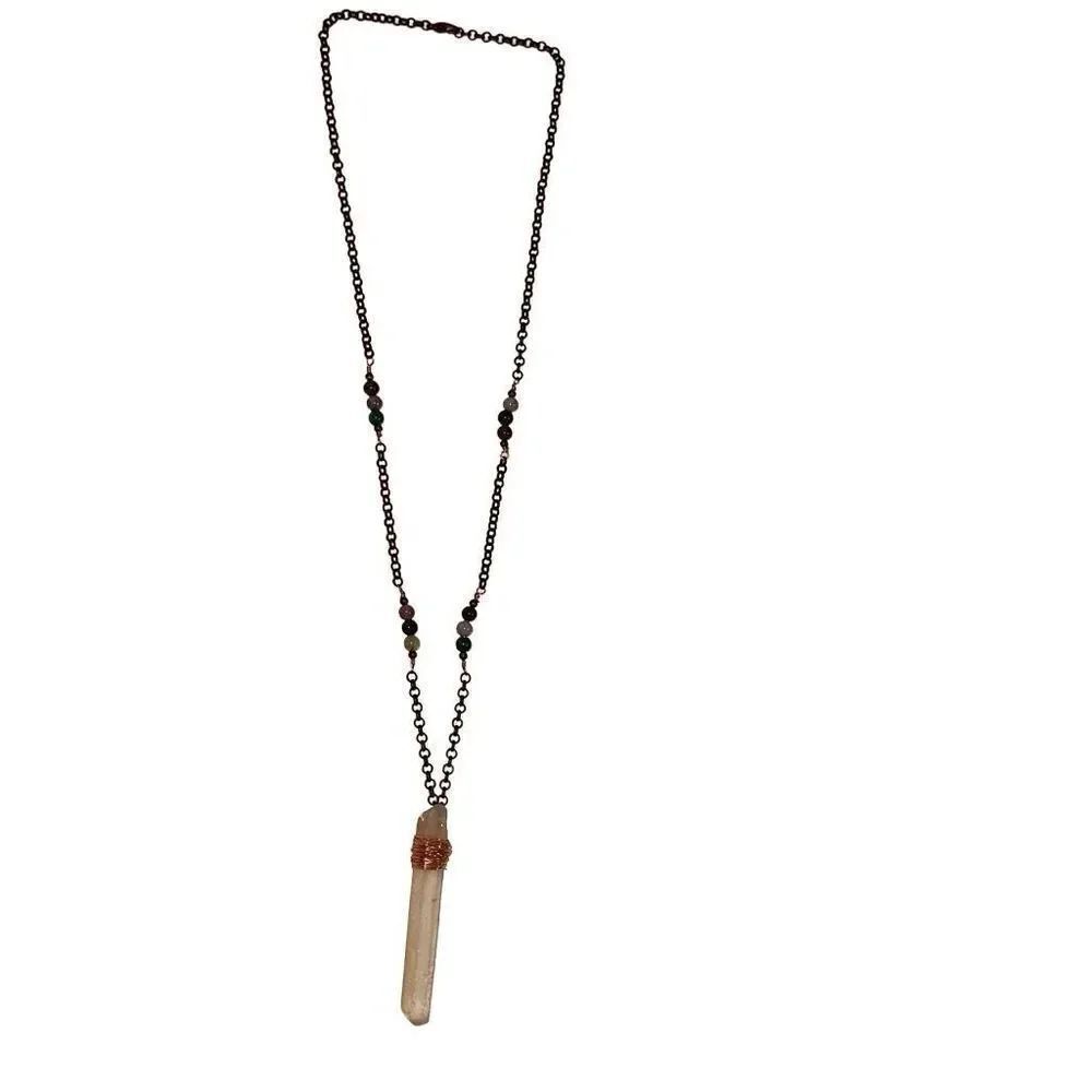 "New" Handmade Silver-tone Chain Copper Wrapped Clear Quartz Necklace Ladies OS